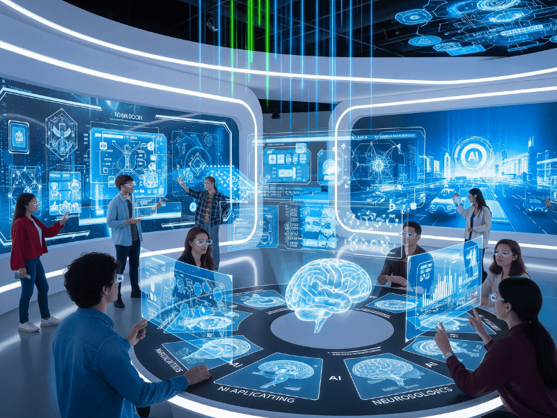 Futuristic AI classroom with best free AI study tools, focus on education technology 2025