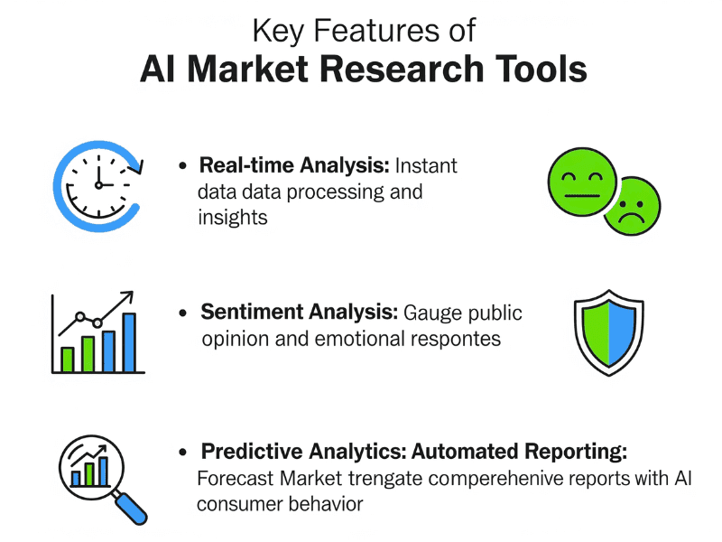 Key features of AI market research tools infographic 2025