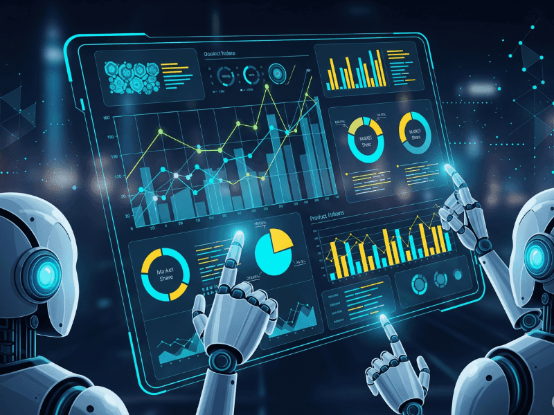 AI market research tools 2025 futuristic dashboard with robots analyzing data charts