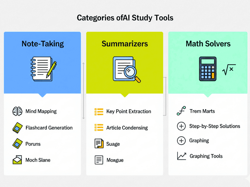 Categories of Study AI tool free including note-taking, summarizers, and math solvers