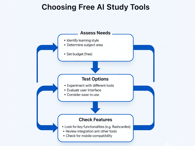 Flowchart for choosing AI study tools free, step-by-step guide