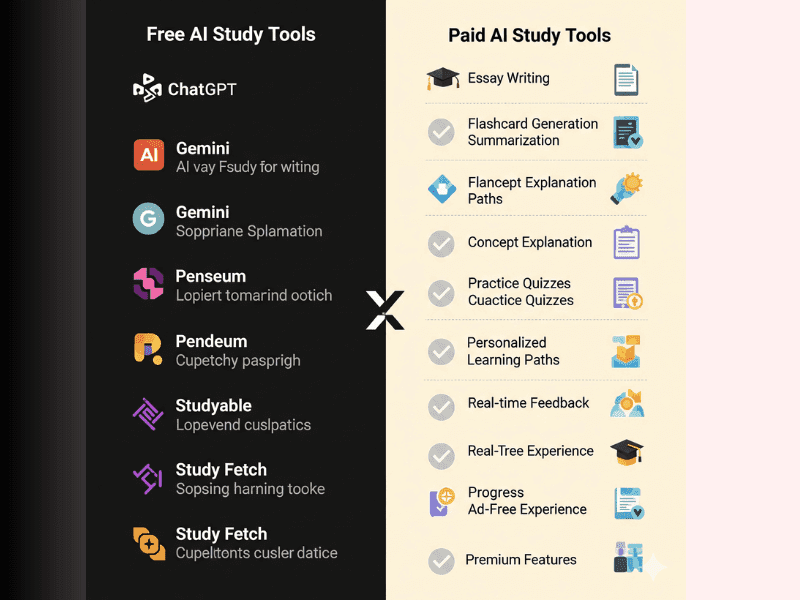 Comparison of AI study tools free vs paid with icons, infographic style