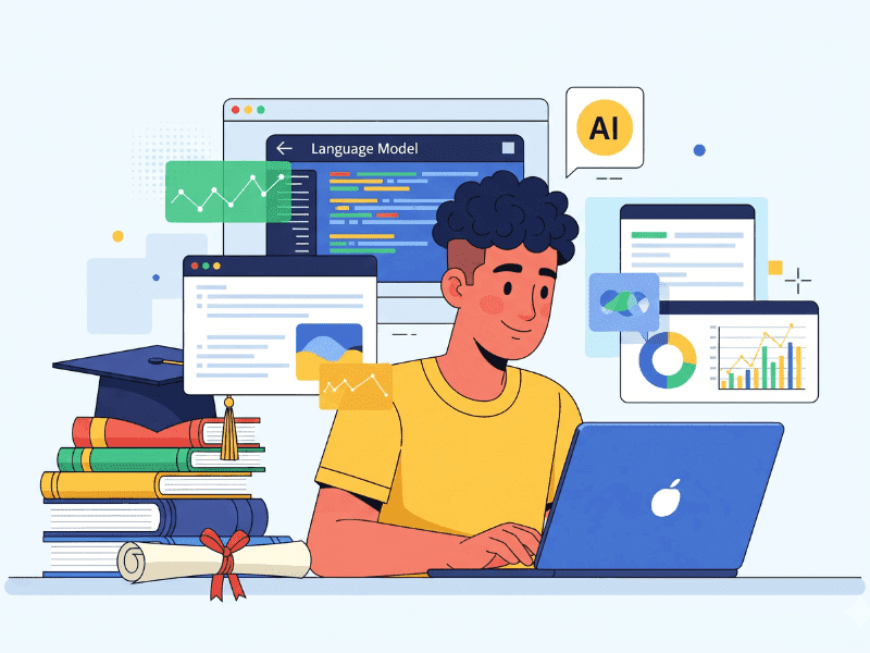 Student using AI tools with books and graduation cap, AI tools for students free