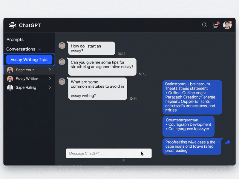 ChatGPT interface showing essay writing tips