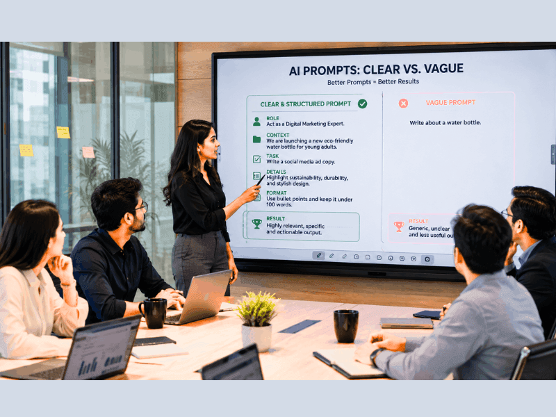 Open AI Prompt Engineering Course - Clear vs Vague Prompts explained in corporate team meeting.