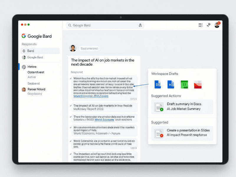 Google Bard interface showing research and draft suggestions, AI tools for students free.