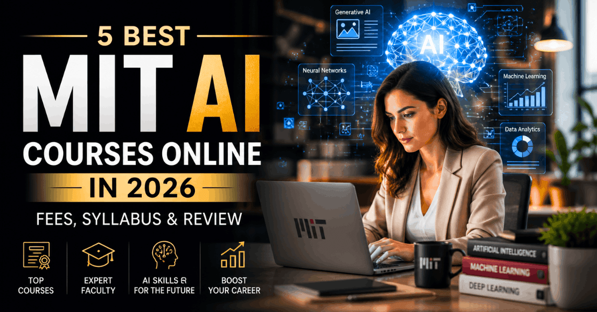 Realistic image of a professional working on a laptop with futuristic AI holograms showing neural networks and data analytics, representing 5 best MIT AI course online in 2026 with fees, syllabus and review.