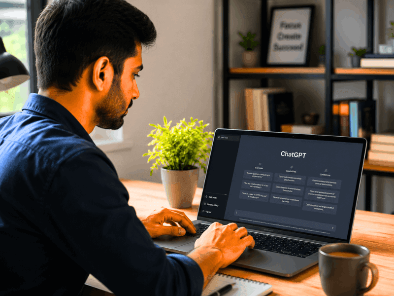 MIT AI course online Applied Generative AI professional working on laptop with ChatGPT.