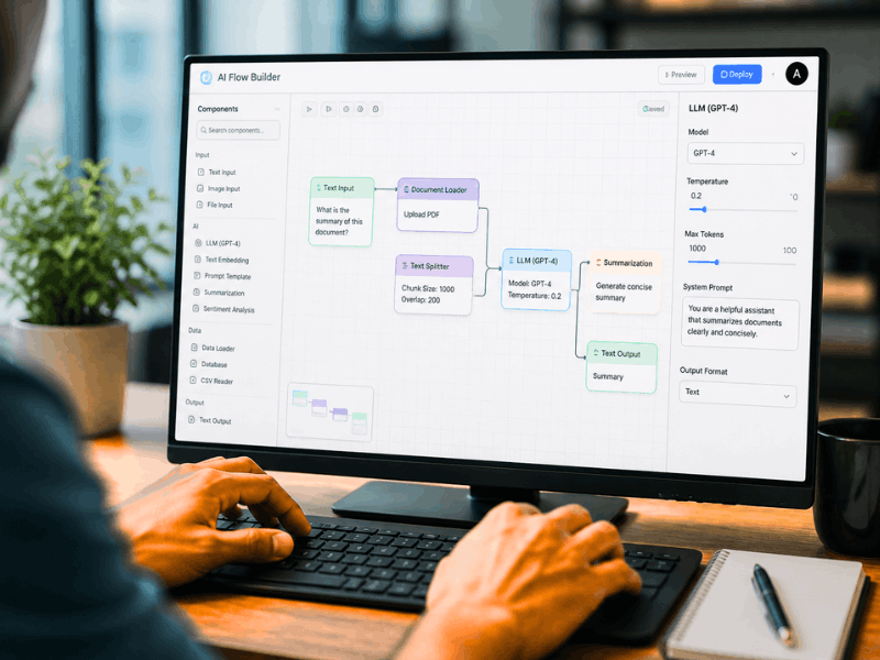 MIT AI course online No-Code AI & Machine Learning flow builder on computer.