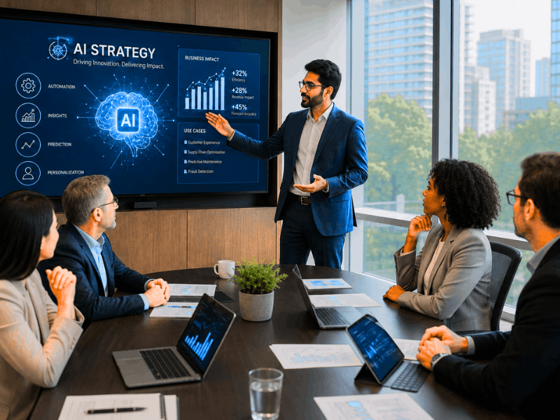 MIT Sloan AI Strategy course business leaders discussing AI strategy in meeting.