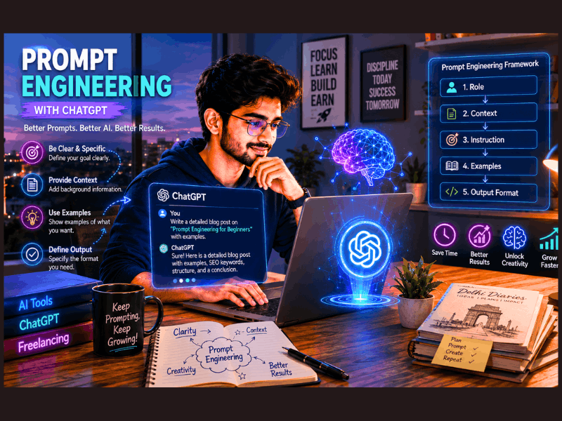 Open AI Prompt Engineering Course - Young Indian freelancer learning prompt engineering with ChatGPT in 2026.