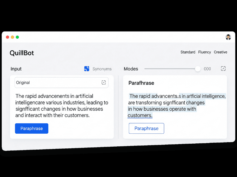QuillBot interface showing paraphrasing feature, focus keywords: AI tools for students free