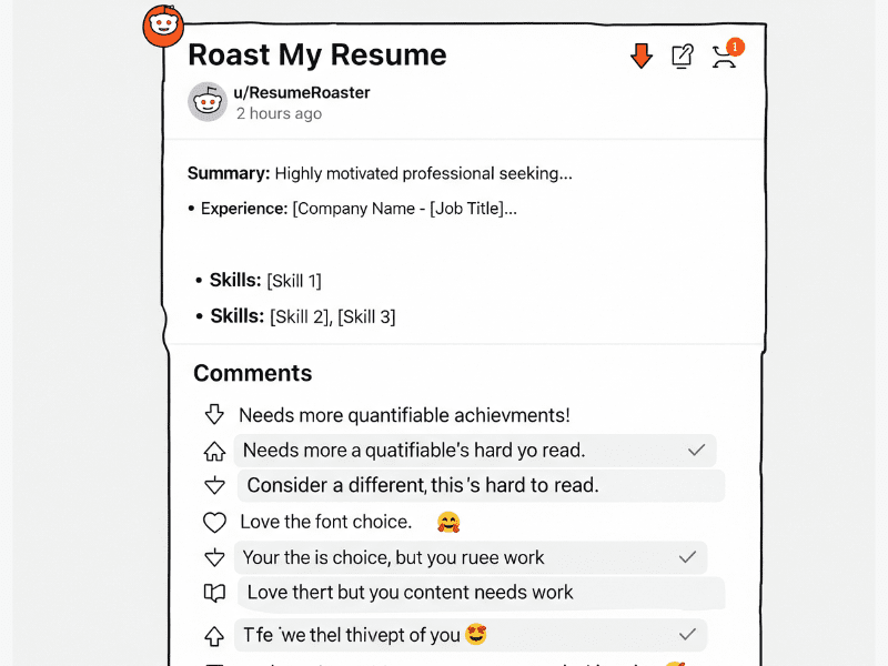 Mockup of a Reddit post titled "Roast My Resume" with user context and resume feedback request, illustrating best practices from resume building Reddit discussions