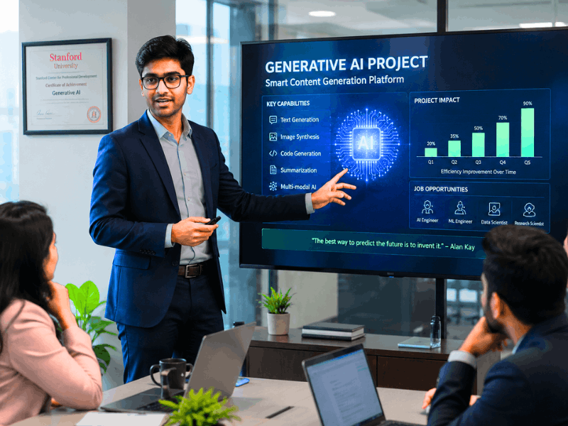 Stanford Generative AI Course - Successful AI professional presenting project in office.
