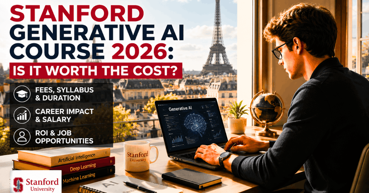 Stanford Generative AI Course 2026 workspace with AI dashboard on laptop and Eiffel Tower background showing fees syllabus and career ROI.