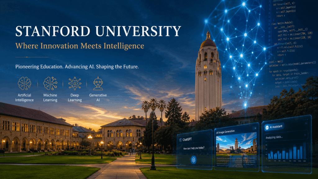 Stanford Generative AI Course - Stanford University campus with AI neural networks and modern technology.