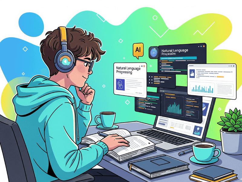 A student using AI tools on laptop with headphones, surrounded by books and coffee, focus keywords: AI tools for students free