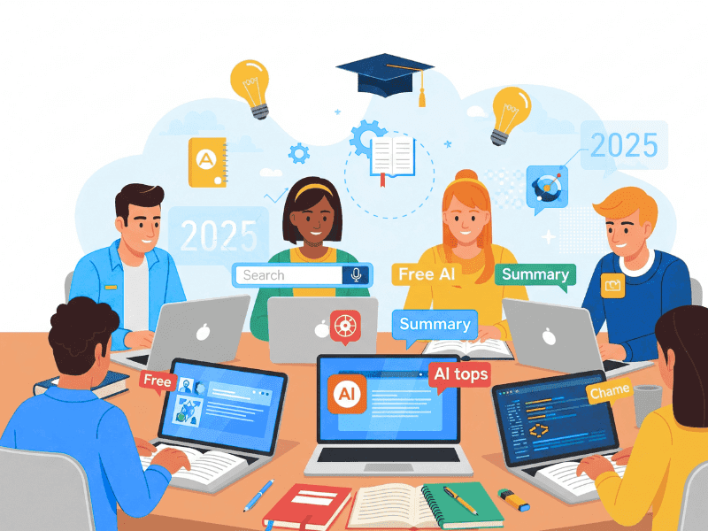 Students using Study AI tool free for studying in 2025, with laptops and educational icons