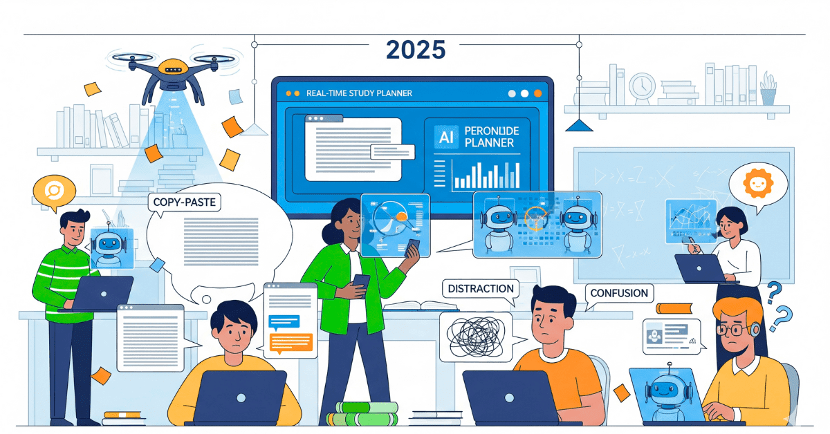Study AI Tool Free Mistakes Students Should Avoid (2025) 1 Students using study AI tool free in 2025, avoiding mistakes like copy-paste and distractions, with futuristic AI study elements in a classroom setting.