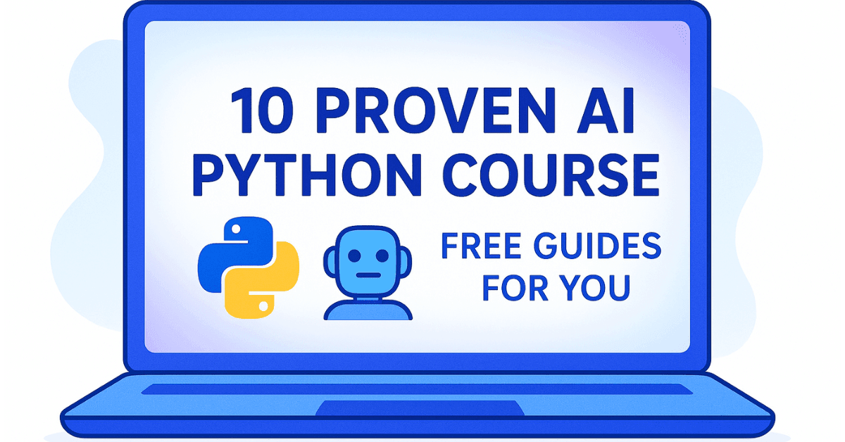 10 Proven AI Python Course Free Guides for You – Featured Image with laptop, Python, and AI icons.