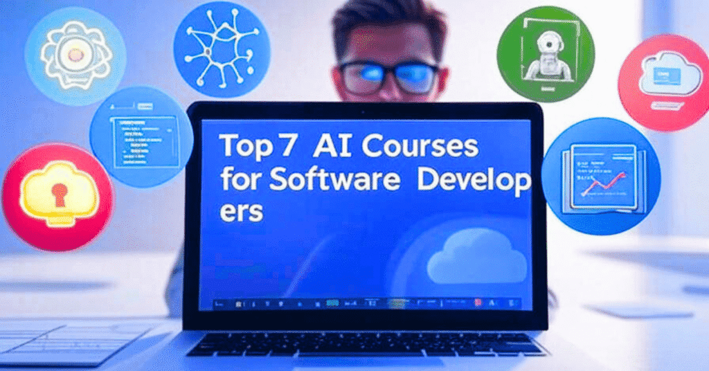 Top 7 AI Courses for Software Developers – modern illustration with laptop, coding screen, and AI icons.