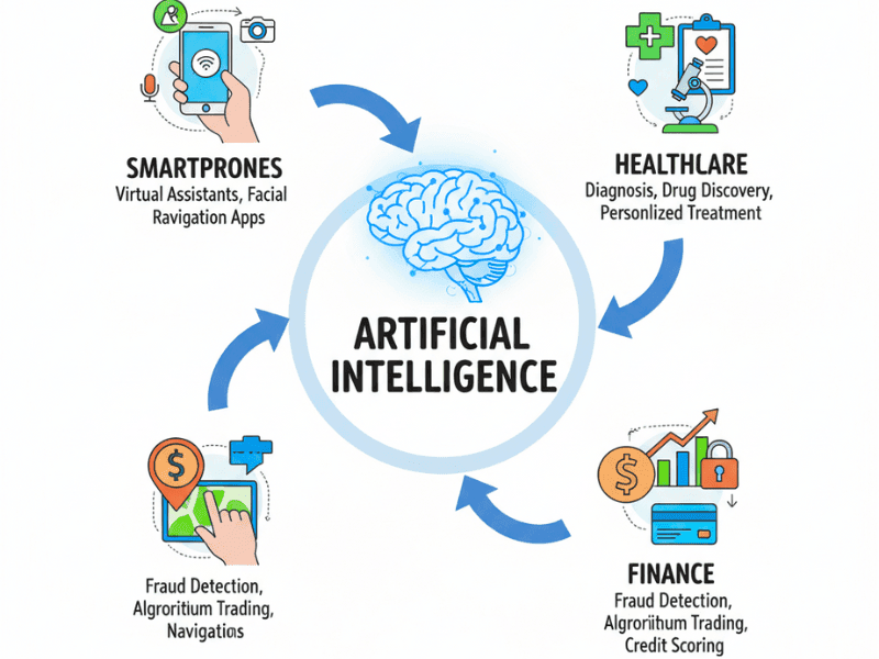 Artificial Intelligence Basic Knowledge infographic showing AI applications in smartphones, healthcare, finance, and more.