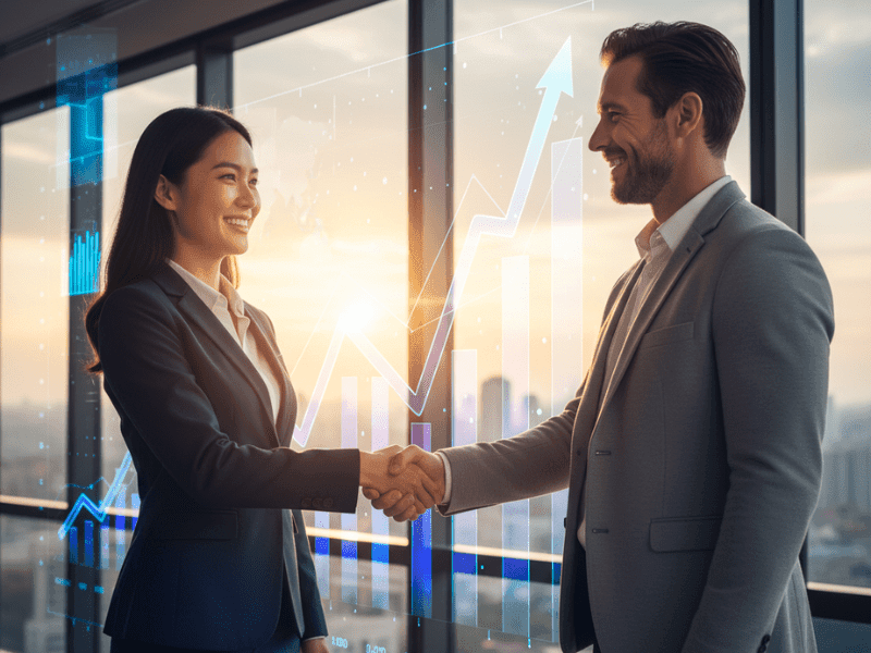 Successful AI data training jobs career handshake with growth chart 2025.