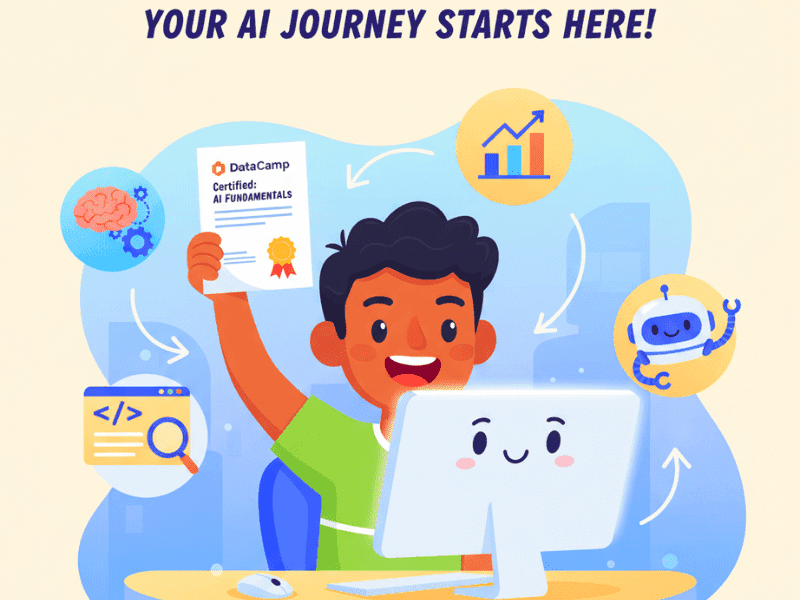 Which AI Certification is Best 2025 for Beginners, cartoon beginner with DataCamp certificate, focus keywords: which AI certification is best, 2025 guide