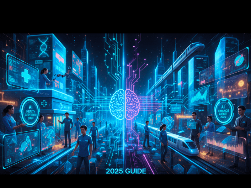 Which AI Certification is Best 2025 Guide, futuristic AI city with professionals and brain icon, focus keywords: which AI certification is best, 2025 guide