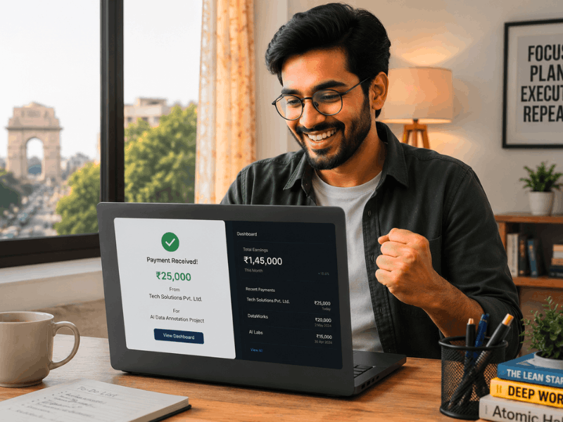 Teach the Machines & Get Paid: The Ultimate Guide to AI Data Training Jobs (2026) 6 AI Data Training Jobs - Happy freelancer seeing earnings from AI data annotation project.