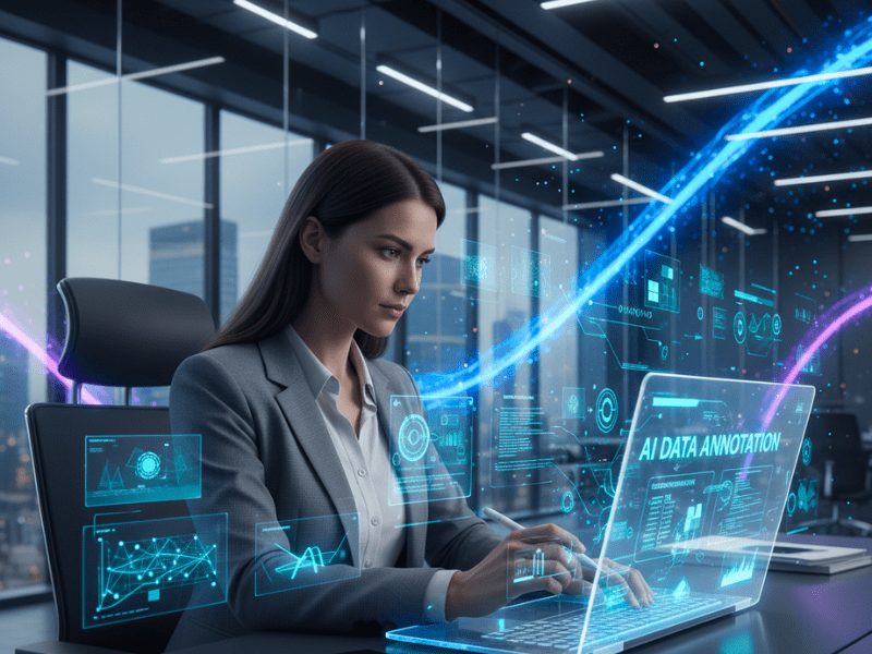 Professional in futuristic office annotating AI data training jobs 2025.