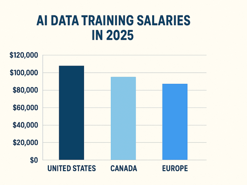 Bar chart of AI data training jobs salaries 2025 US Canada Europe.
