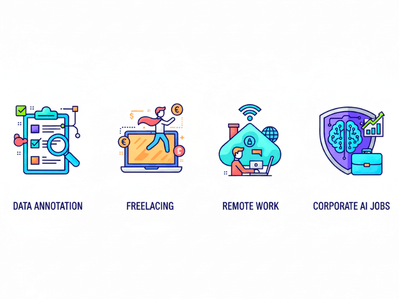 Infographic icons for AI data training jobs types annotation freelancing remote corporate 2025.