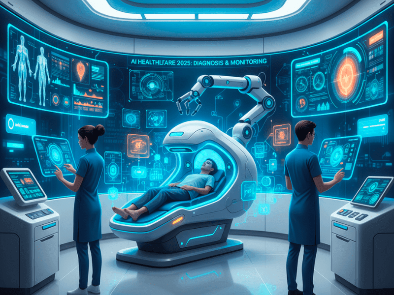 Futuristic AI healthcare 2025 with doctors using advanced machines for diagnosis and monitoring