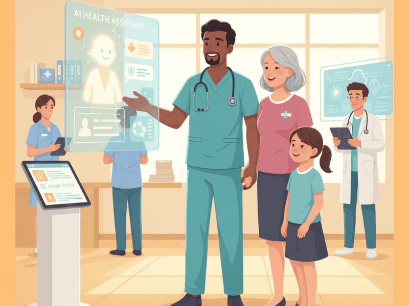AI healthcare collaboration illustration 2025 with doctors, patients, AI assistant, AI tool for health care