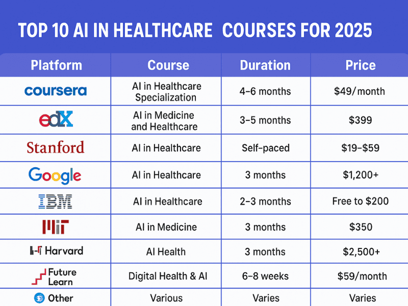 Best AI in Healthcare Courses 2025 - Comparison chart of top 10 courses with platforms and prices.