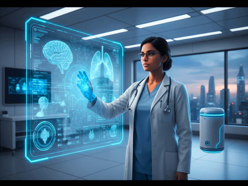 AI in Healthcare Diagnosis Research Paper doctor with holographic interface