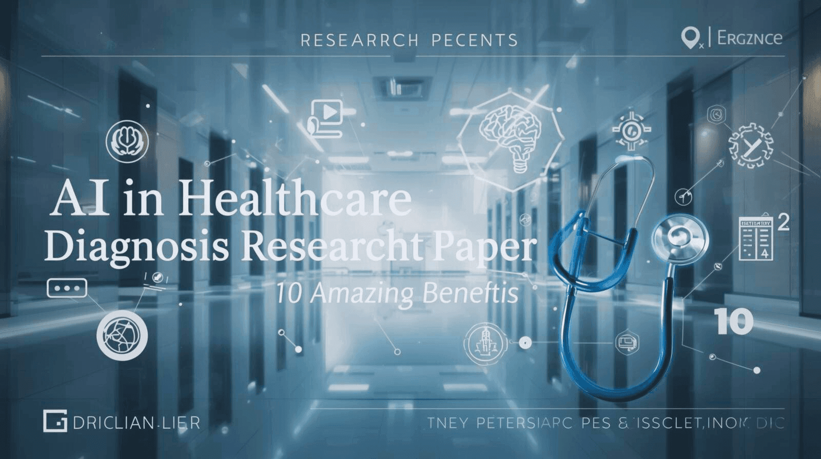 Featured image with the title AI in Healthcare Diagnosis Research Paper: 10 Amazing Benefits displayed in modern French-inspired design, showing futuristic hospital, AI brain icons, and medical diagnostics visuals.