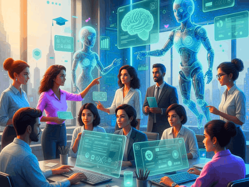 Diverse professionals collaborating with AI agents in 2026 office, earning certificates – best AI courses online free with certificates.