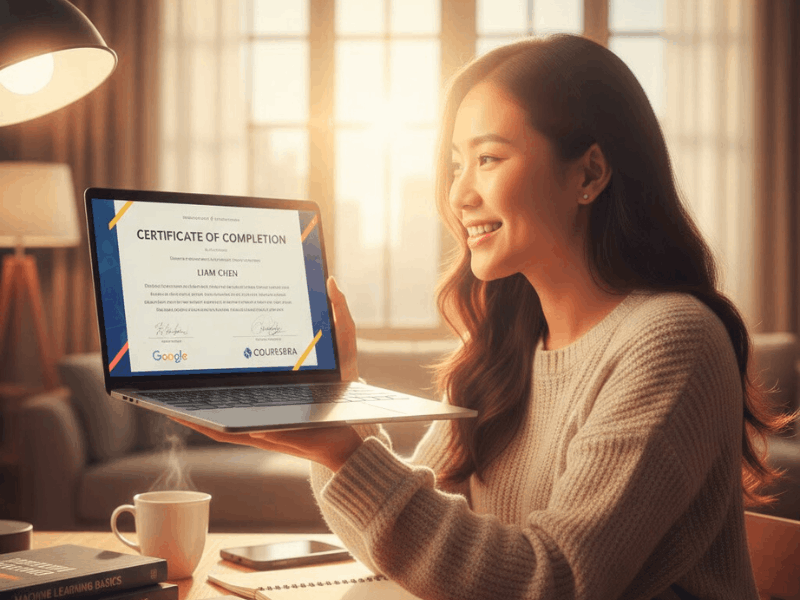 Beginner student holding AI completion certificate on laptop – best AI courses online free with certificates.