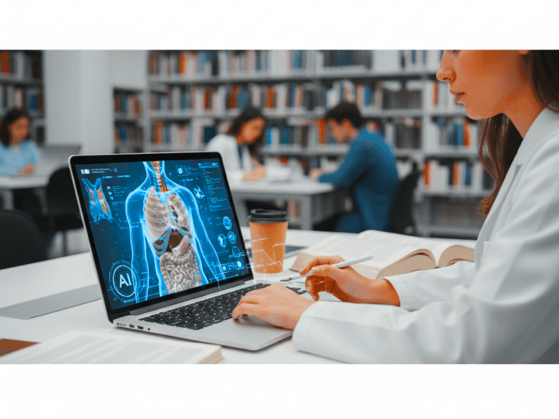 Medical student using best AI tools for medical students in anatomy study on laptop.