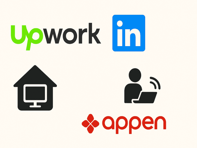 Collage of AI data training jobs platforms Upwork LinkedIn Appen with remote work icons 2025.