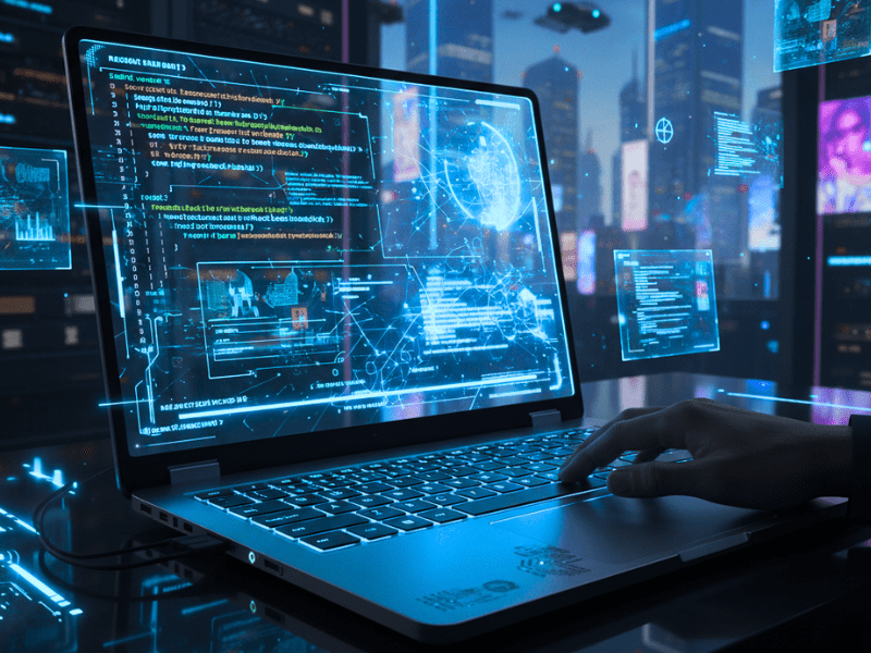 AI Python course free futuristic coding on laptop with city background