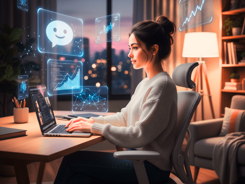 AI Remote Jobs No Experience illustration of a person working remotely with AI icons and graphs