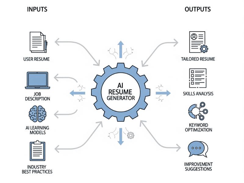 Resume AI Generator Free process, inputs to tailored resume outputs, 2025 job tool