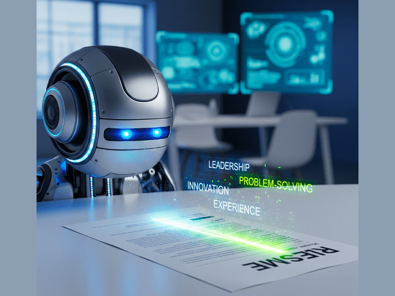 AI robot scanning resume in 2025 with keywords like leadership, innovation highlighted