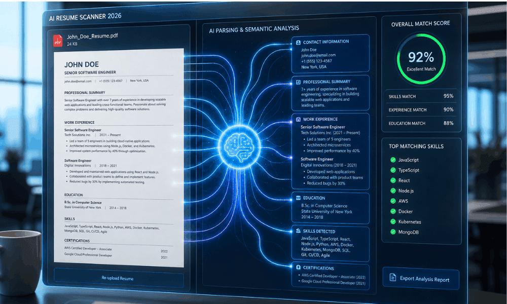AI Resume Scanner 2026 working process with semantic analysis and high match score.