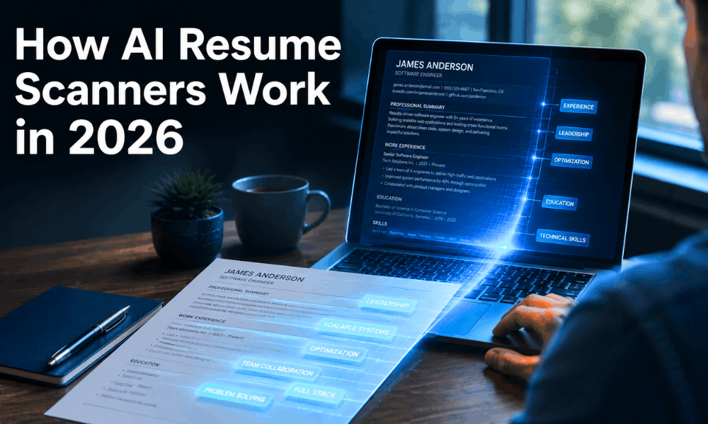 AI Resume Scanner analyzing a printed resume on a laptop screen with glowing scan lines and keyword tags, representing how AI resume scanners work in 2026.