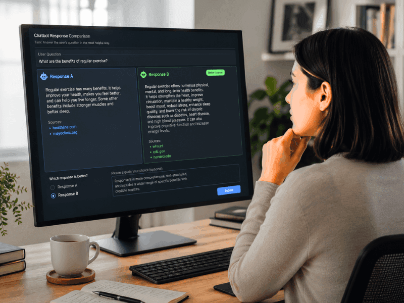 Teach the Machines & Get Paid: The Ultimate Guide to AI Data Training Jobs (2026) 4 AI Data Training Jobs - RLHF chatbot response comparison and evaluation.