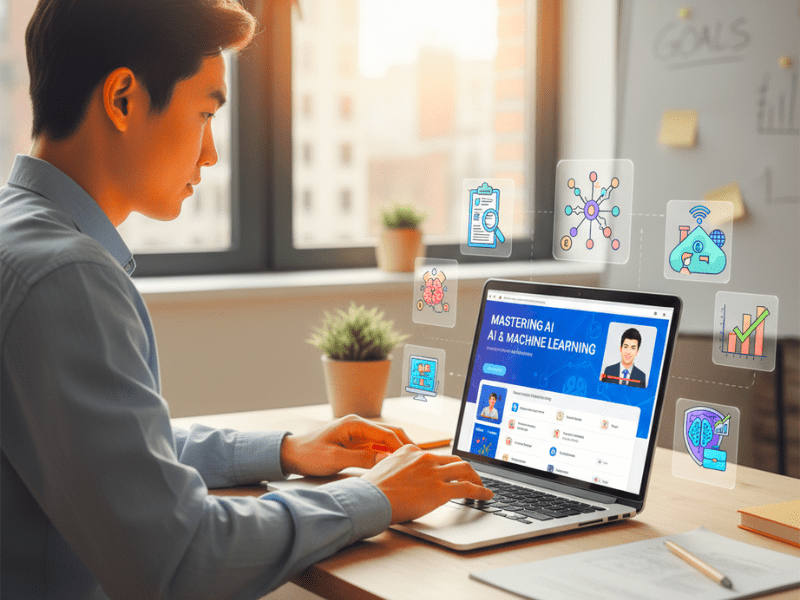 Person learning AI skills for data training jobs 2025 on laptop with course screen.